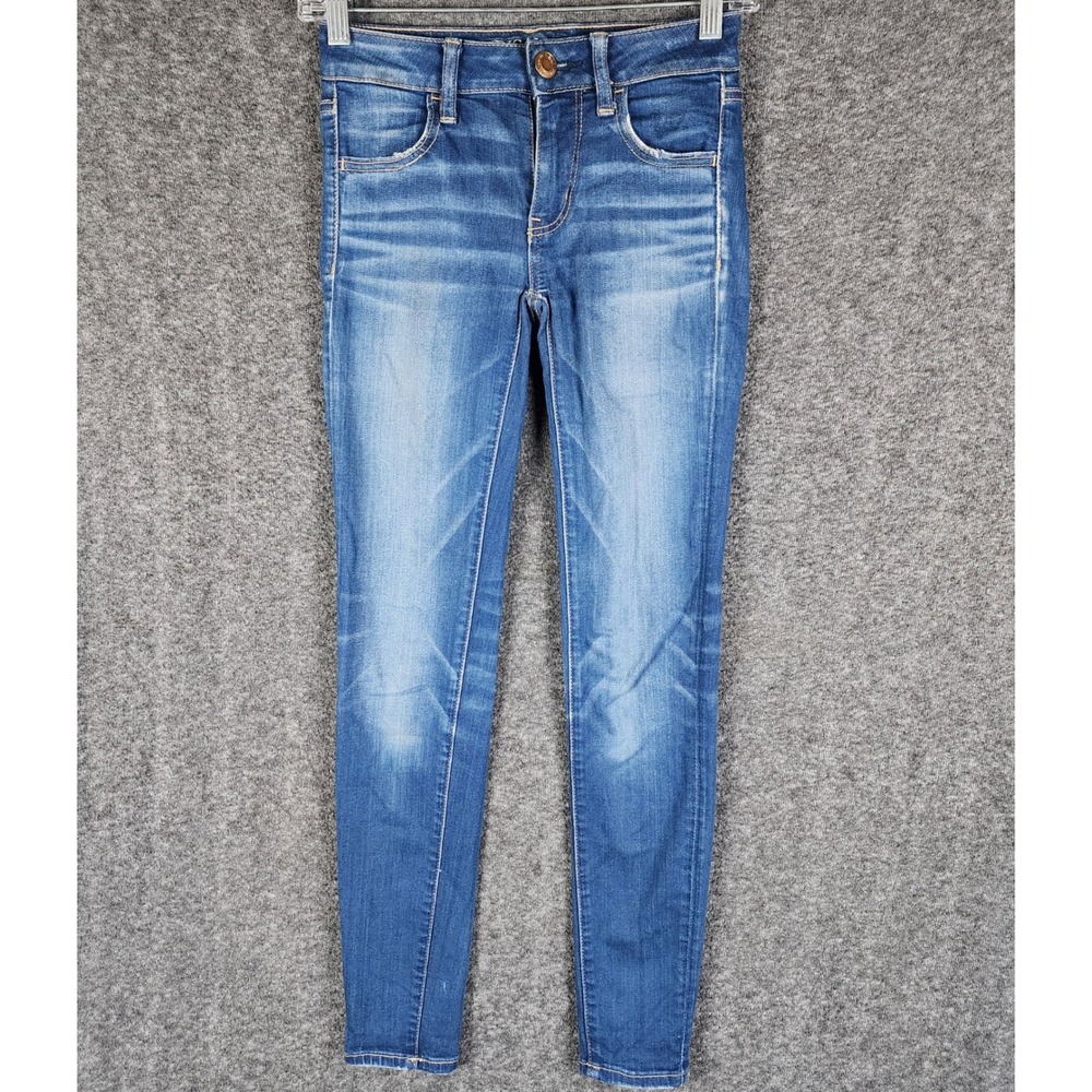 American Eagle Jegging Womens 00 Super Stretch X Blue Distressed Low Rise EUC